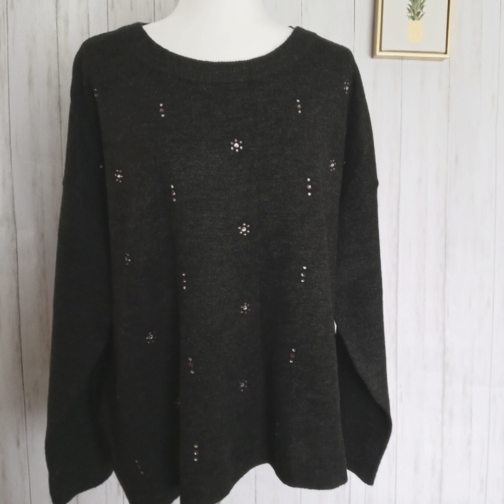 Sweater Liz Claiborne   Womens Size XXL Long Sleeve  Gray  Pull Ove Embellished